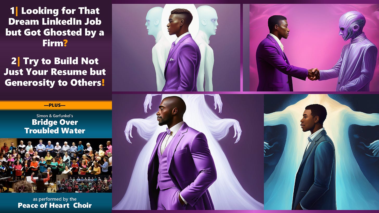 The composite image features four photos conceived of by the author and generated via the AI features of Adobe Express of African American gay men in formal business attire ghosted by a white apparition. Three of the men wear purple attire meant to evoke lavender, which is the LGBTQ liberation color, and the fourth dons a more traditional blue suit. Three of the images feature a ghost haunting the man and in the fourth, a man shakes hands with a ghostly figure. To the left of the four image-composite is the articles title text: “1) Looking for That Dream LinkedIn Job but Got Ghosted by a Firm? 2) Try to Build Not Just Your Resume but Generosity to Others! —PLUS— Simon & Garfunkel’s Bridge Over Troubled Water as performed by the Peace of Heart Choir.” The composite image features four photos conceived of by the author and generated via the AI features of Adobe Express of African American gay men in formal business attire ghosted by a white apparition. Three of the men wear purple attire meant to evoke lavender, which is the LGBTQ liberation color, and the fourth dons a more traditional blue suit. Three of the images feature a ghost haunting the man and in the fourth, a man shakes hands with a ghostly figure. To the left of the four image-composite is the articles title text: “1) Looking for That Dream LinkedIn Job but Got Ghosted by a Firm? 2) Try to Build Not Just Your Resume but Generosity to Others! —PLUS— Simon & Garfunkel’s Bridge Over Troubled Water as performed by the Peace of Heart Choir.”
