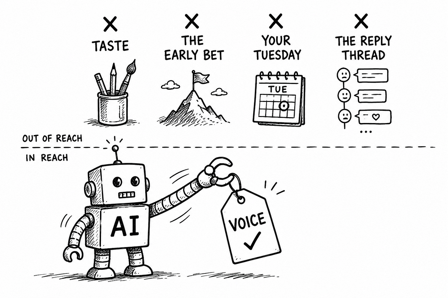 Black-and-white sketch of a robot labeled “AI” reaching for a tag marked “voice” while taste, the early bet, your Tuesday, and the reply thread sit out of reach above it. Illustrates AI voice cloning, creator moats, and why AI writing can copy voice but not lived judgment or reader trust.