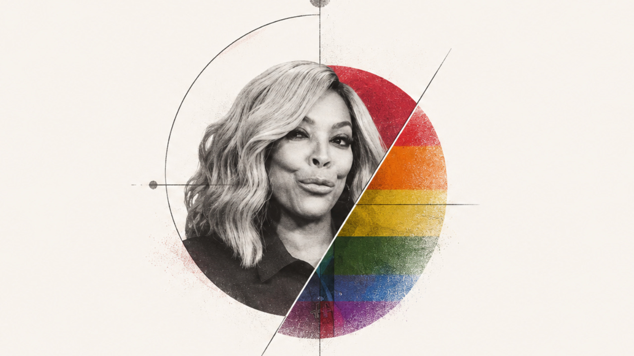 A grayscale portrait of Wendy Williams sits inside a restrained geometric composition, with a circular pride-flag overlay and fine intersecting lines on a warm off-white background. A grayscale portrait of Wendy Williams sits inside a restrained geometric composition, with a circular pride-flag overlay and fine intersecting lines on a warm off-white background.
