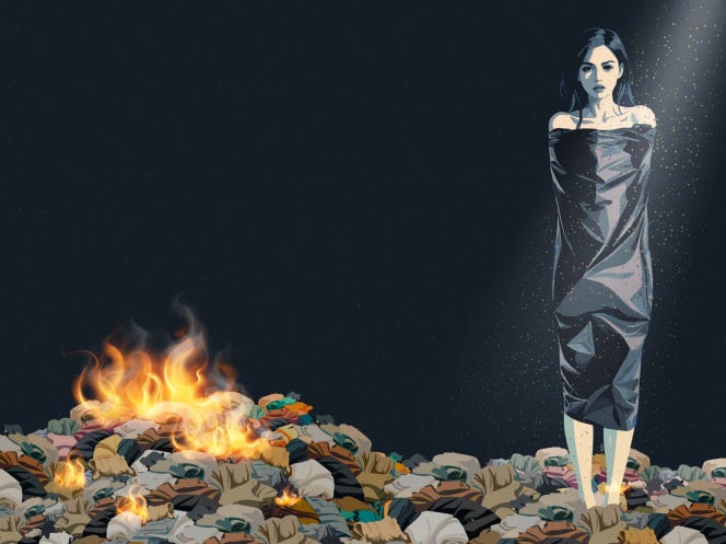 1. Graphic for Changing Market Foundation's Fashion's Plastic Paralysis 2024 report showing textiles on fire and a female dressed in a black plastic bin bag [Credit: Changing Markets Foundation]; 2. The cover of Textile Exchange's Materials Market Report 2024 showing bales of denim [Credit: Textile Exchange].