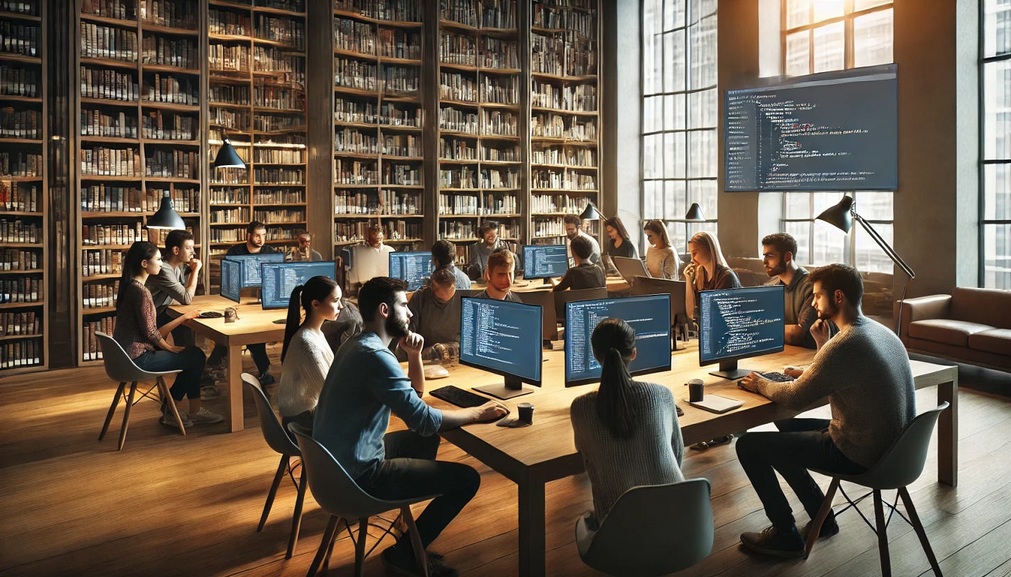 Group working on computers in a modern library, creating an SQLite Library Management Database. Surrounded by bookshelves, with warm lighting and sunlight streaming through windows.
