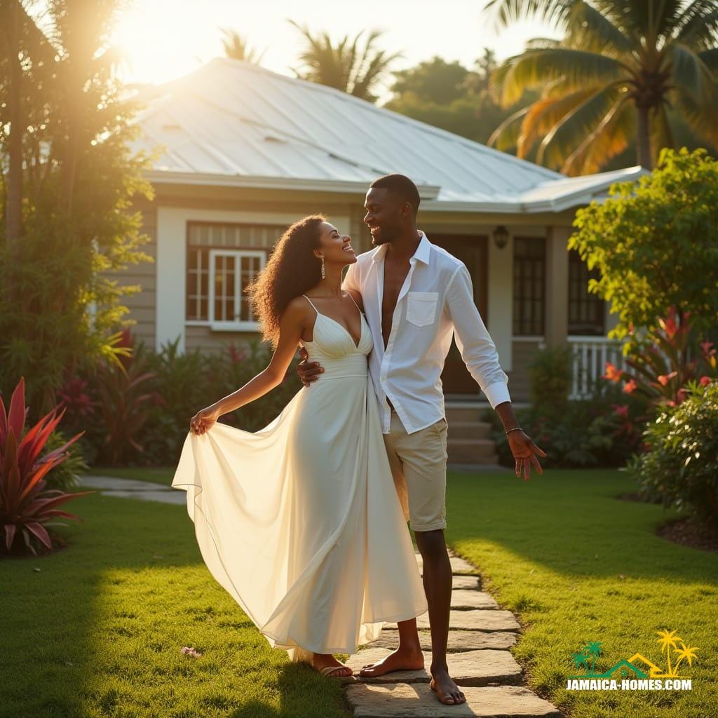 Elegant white woman and handsome black man, both radiant with joy, standing together in front of a stunning Caribbean-style starter home in beautiful Jamaica, surrounded by lush greenery and vibrant tropical flowers. Soft, warm light casts a golden glow on their faces, accentuating their happiness. The woman's long, flowing white dress billows gently in the breeze, while the man's bright smile and outstretched arm add to the sense of love and togetherness. Inspired by the cinematic styles of Terrence Malick, Wong Kar-wai, and Ava DuVernay, with a hint of Gordon Parks' nostalgic documentary feel. Cinematic film still aesthetic, shot on high-end digital camera, with added film grain, subtle vignette, and meticulous color grading to evoke a sense of timeless romance and wonder.