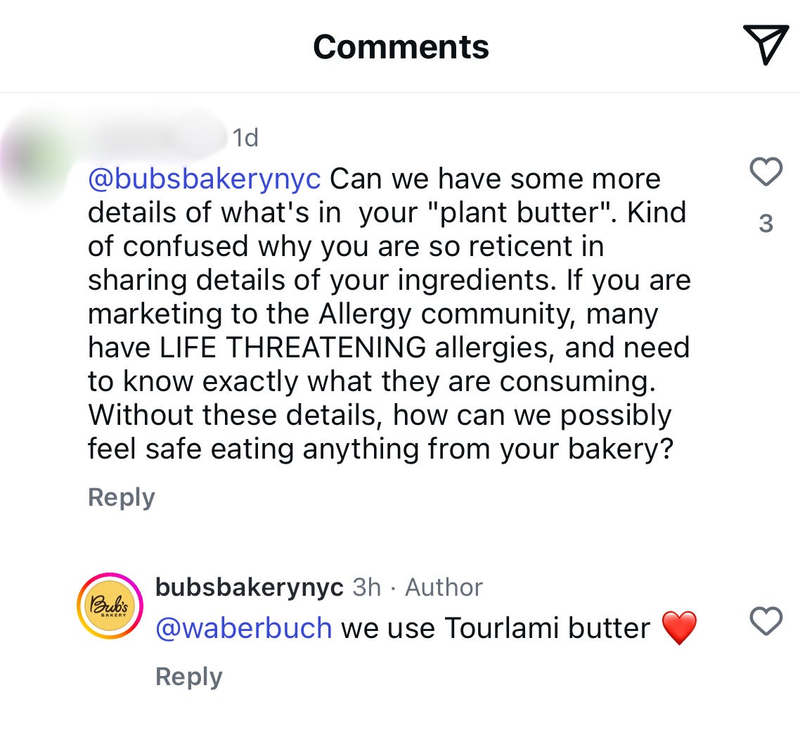 bub's bakery instagram comment