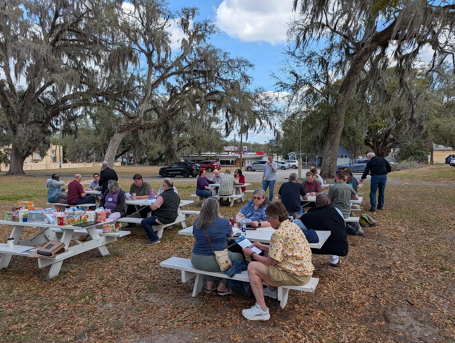 People sitting on 6 different picnic tables under the peaceful shade of beautiful willow trees