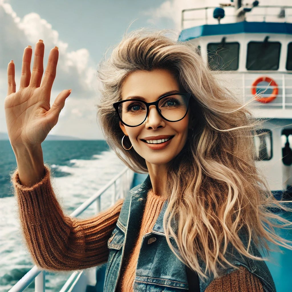 A 54-year-old woman with long blonde, brown, and gray hair, wearing large framed glasses, waving while riding a ferry across the sea. She is standing on the deck of the ferry, looking cheerful as she waves. The sky is clear with a few scattered clouds, and the sea is calm with gentle waves. The ferry is white with blue accents, and there are other passengers in the background enjoying the scenic view.