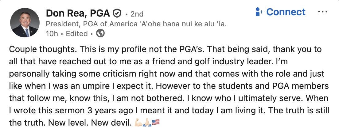 A profile picture of Don Rea, President of PGA of America. He is visible in a small circular image, wearing a suit and tie, with a neutral expression. Text overlay includes "Don Rea, PGA" and "President, PGA of America." No additional objects or background details are visible.