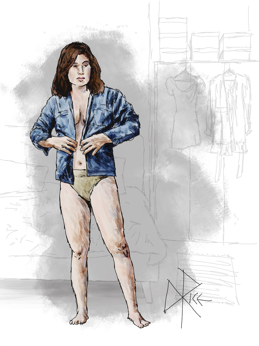 A woman standing in the bedroom, wearing underwear and starting to button up a pyjama shirt. Sketch art by Don Rice.