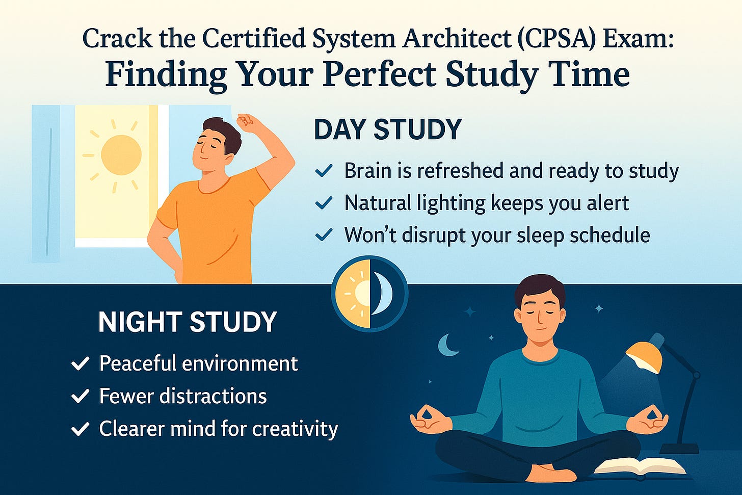 Infographic comparing day and night study benefits for the Certified System Architect (CPSA) exam, showing a person stretching in daylight and another meditating at night under a lamp.
