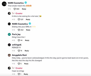 Nars Cosmetics starting the conversation in TikTok comments 