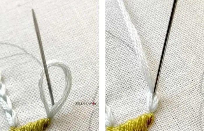 needle coming up through a loop in left image. Loop tightened down in right image