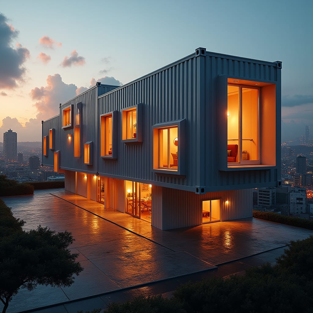 A modern Jamaican container home, situated in a bustling city area, with a bold, futuristic aesthetic, featuring numerous square protruding windows and large openings, creating a sense of openness and fluidity. The home's metallic surfaces reflect the vibrant city lights, as the warm glow of the setting sun casts a golden hue on the surrounding urban landscape.