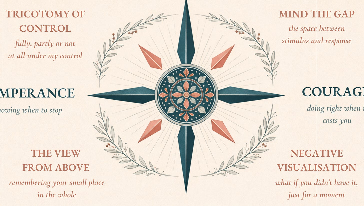 Detail of the Stoic Compass wind rose highlighting Negative Visualisation and the Trichotomy of Control, the two tools most relevant for envy and social comparison. Detail of the Stoic Compass wind rose highlighting Negative Visualisation and the Trichotomy of Control, the two tools most relevant for envy and social comparison.
