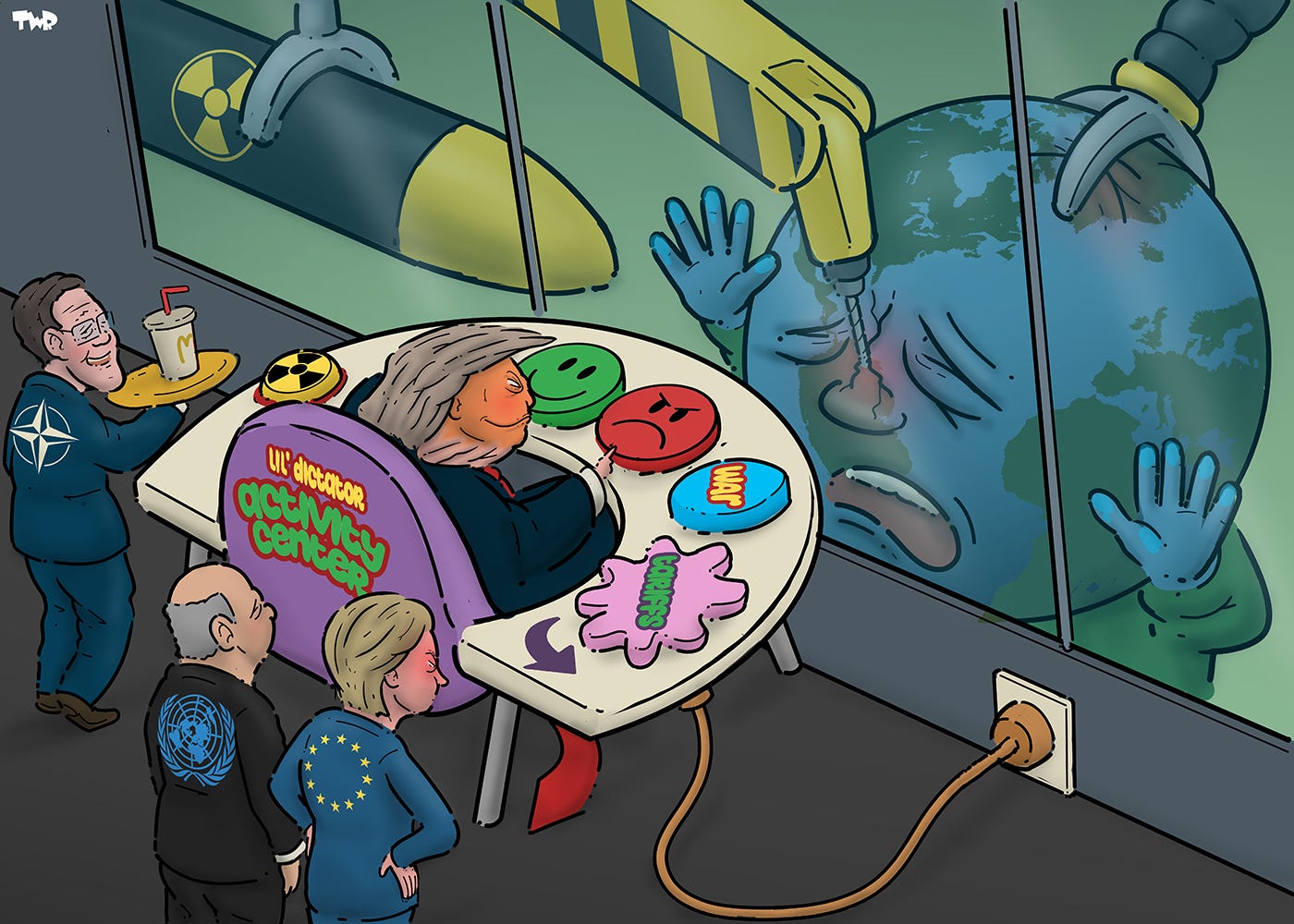 Cartoon showing Donald Trump sitting in a giant baby activity center chair with large colorful buttons in front of him labeled with the symbol of nuclear weapons and 'War' and 'Tariffs'. He is positioned in front of a large viewing glass. Behind the glass the earth is desperately holding his hands to the glass while a machine drills a hole in Venezuela and a large claws grabs Greenland. Behind Trump stand someone from the UN (doing nothing), Usrsula von der Leyen from te EU (looking angrily at the plug that provides power to the activity center) and Mark Rutte (who smiles and is serving Trump a coke.).
