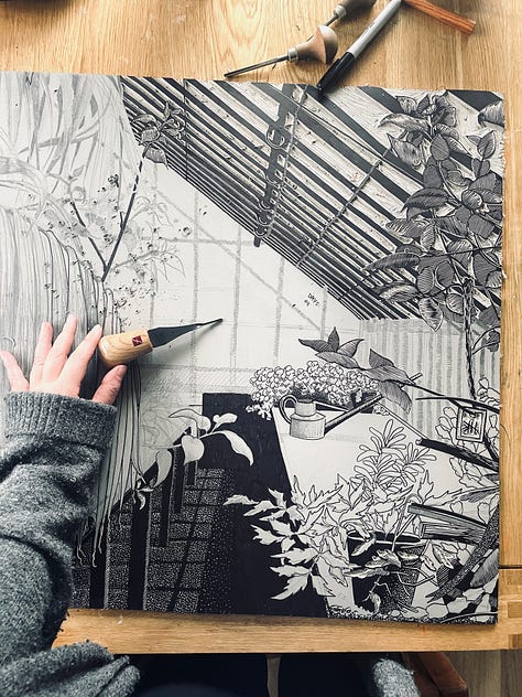 Process of creation 'Green House' Linocut Print