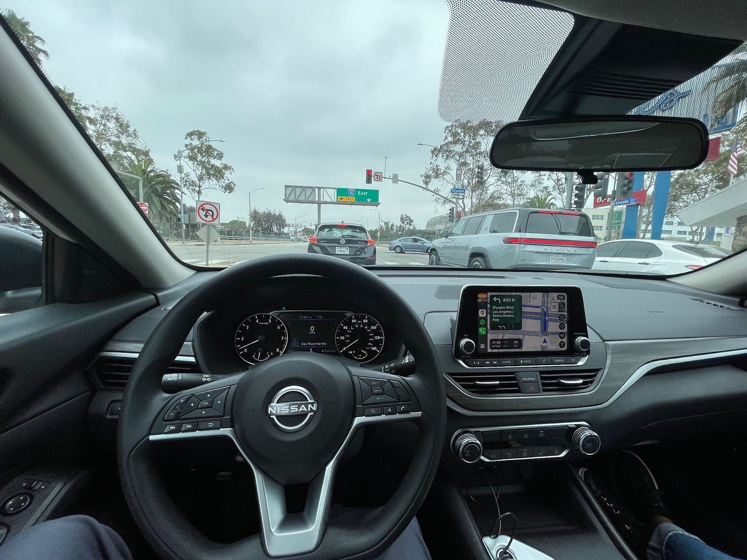 View from driver seat with Apple CarPlay infotainment system