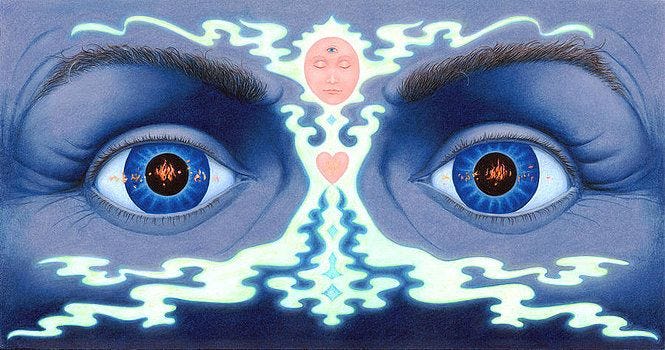 This may contain: an image of two blue eyes with white lines coming out of the iris's eye