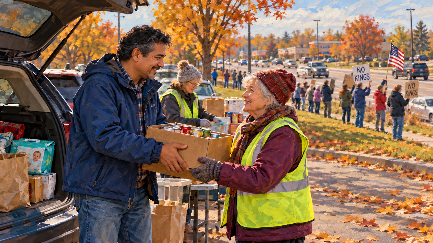Painterly autumn scene of a neighbor handing canned food to a volunteer in a safety vest, with No Kings protesters lining a busy county road behind them.