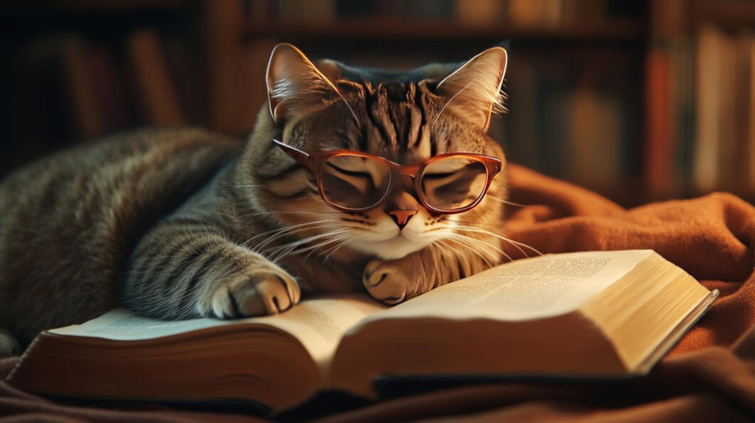 AI-generated image of a cat reading a book