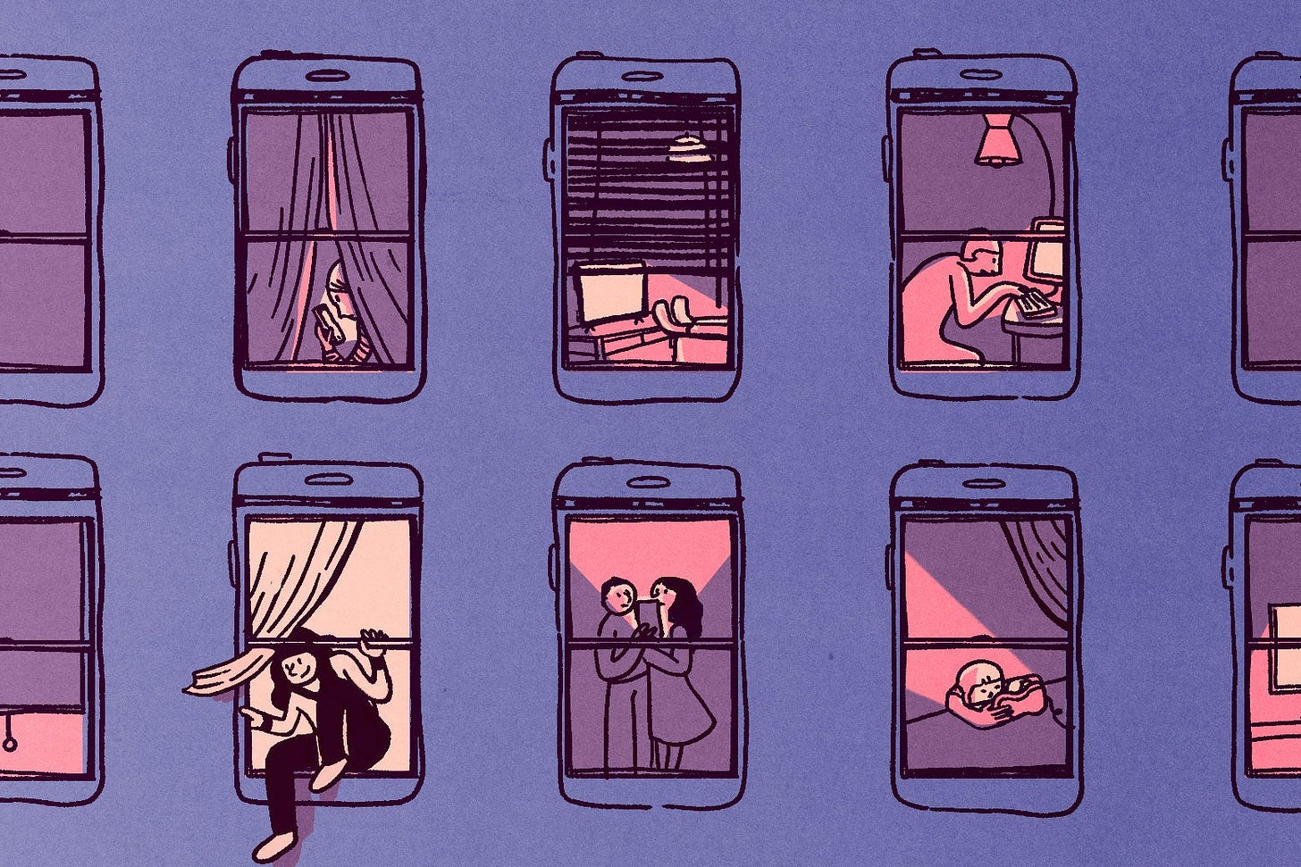 The exterior of an apartment building, with the windows shaped like iPhone screens. One of the apartment residents crawls out of her virtual life window into the world beyond.
