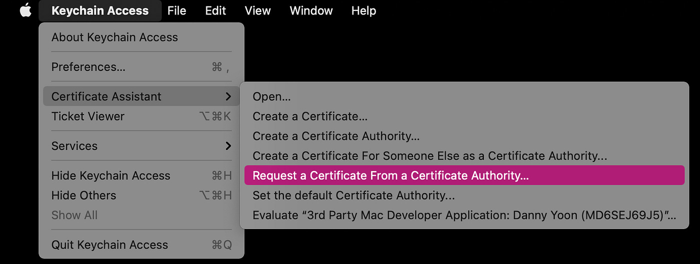 Screenshot of menu option