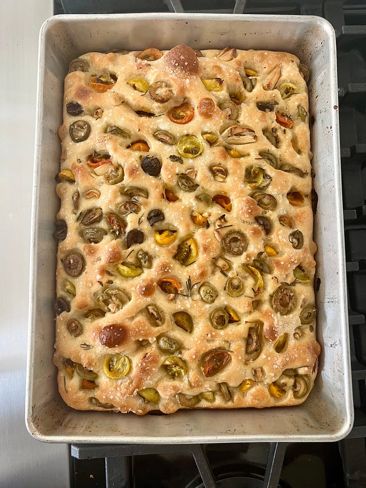 Before baking olive and tomato focaccia and after baking
