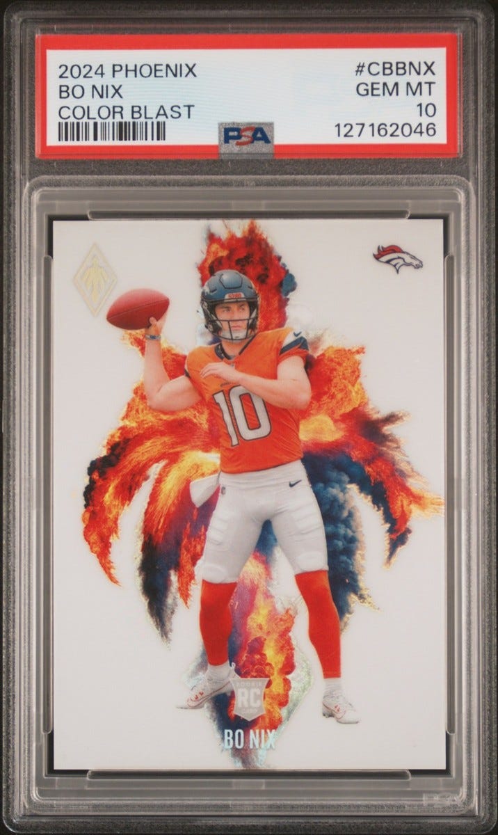Example of PSA 10 card without borders: 2024 Phoenix Color Blast Bo Nix rookie card. Example of PSA 10 card without borders: 2024 Phoenix Color Blast Bo Nix rookie card.