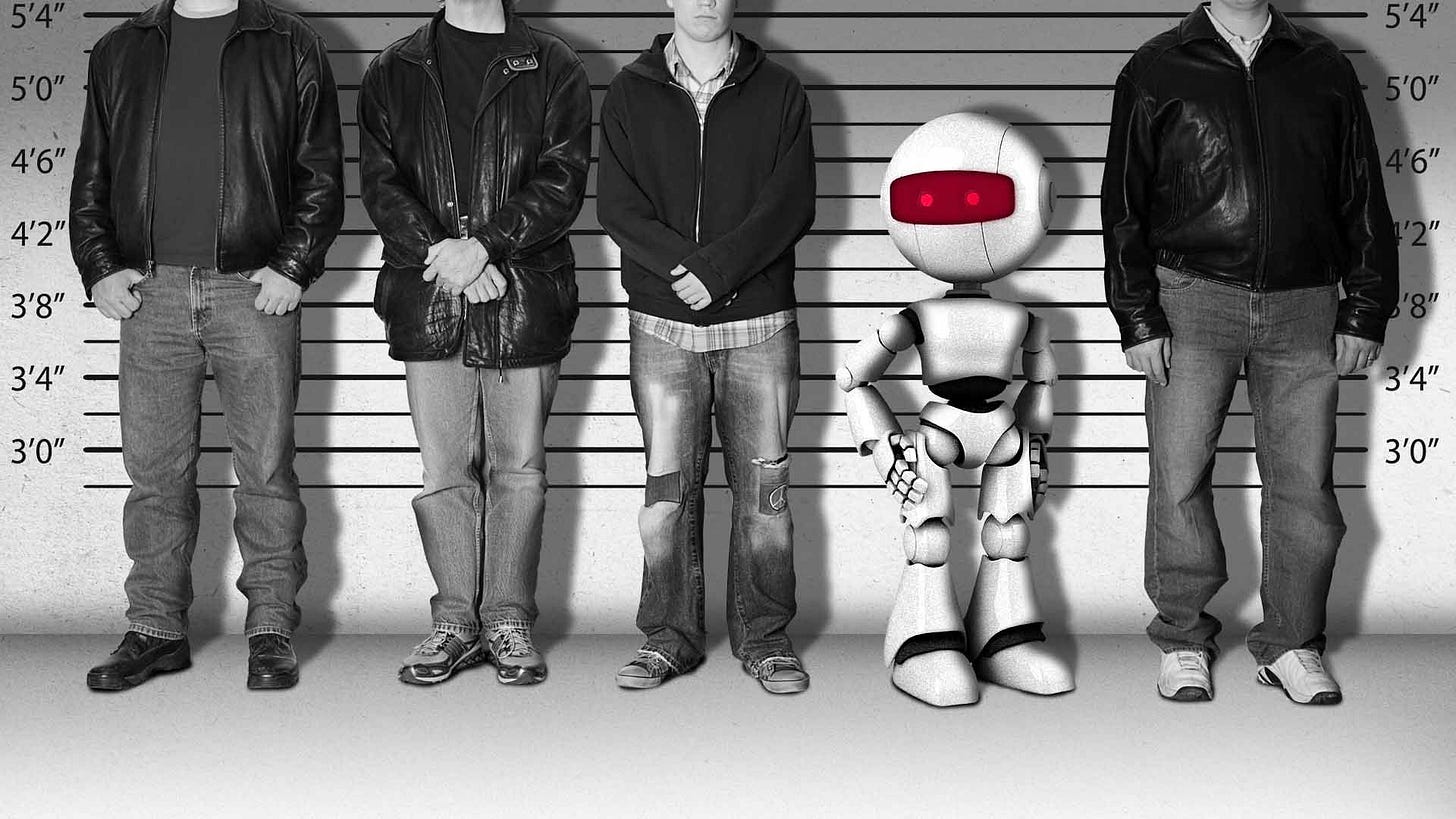 Illustration of a police lineup featuring multiple men and one robot