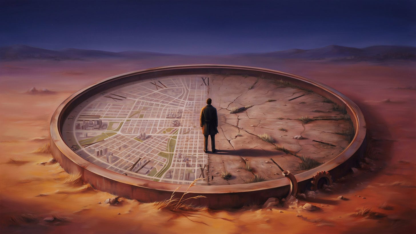 A large weathered clock face embedded in an open landscape — half the face showing a familiar grid of city streets, the other half dissolving into unmapped open terrain. Warm amber and burnt orange in the foreground, deep indigo sky above. A single figure stands at the edge where the clock meets the terrain, back to the viewer.