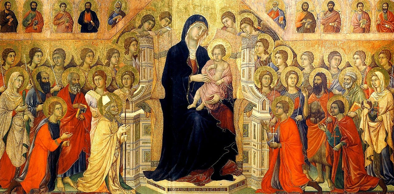 Duccio, Maestà, a gold ground tempera altarpiece of the Virgin enthroned Duccio, Maestà, a gold ground tempera altarpiece of the Virgin enthroned