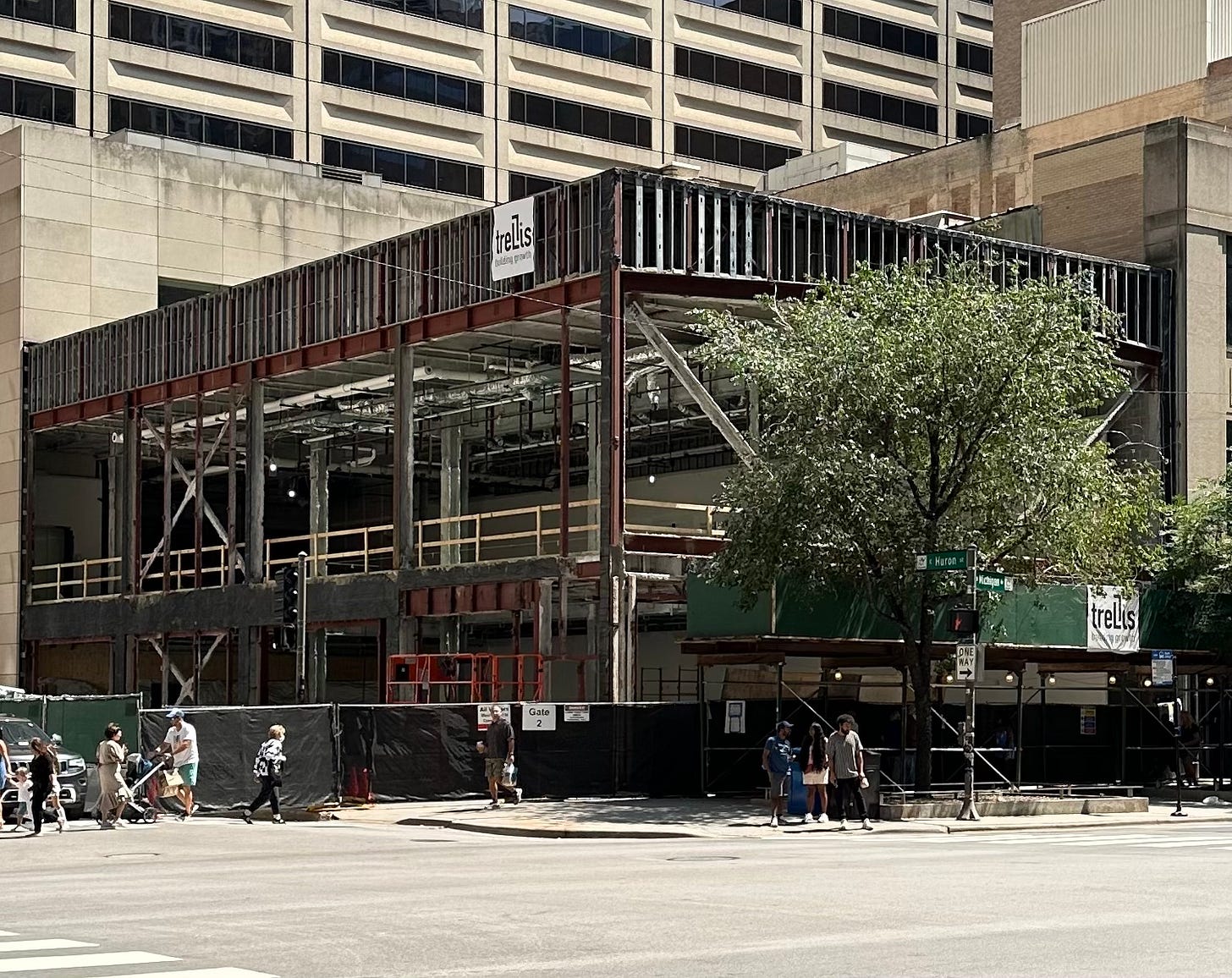 The frame of Apple North Michigan Avenue, taken from across the street. The building has been dismantled. The frame of Apple North Michigan Avenue, taken from across the street. The building has been dismantled.