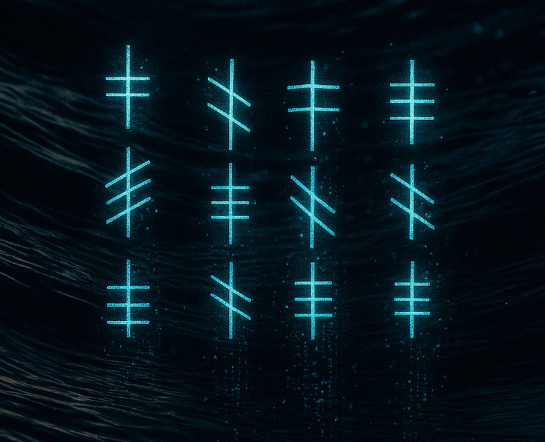 This digital artwork depicts glowing ogham runes suspended above a dark, rippling water surface. The runes emit a soft neon-blue light, evoking the impression of ancient carvings reimagined as living symbols in the digital stream. Their arrangement feels purposeful and ritualistic, suggesting language, memory, and power held against the pull of time and tide.