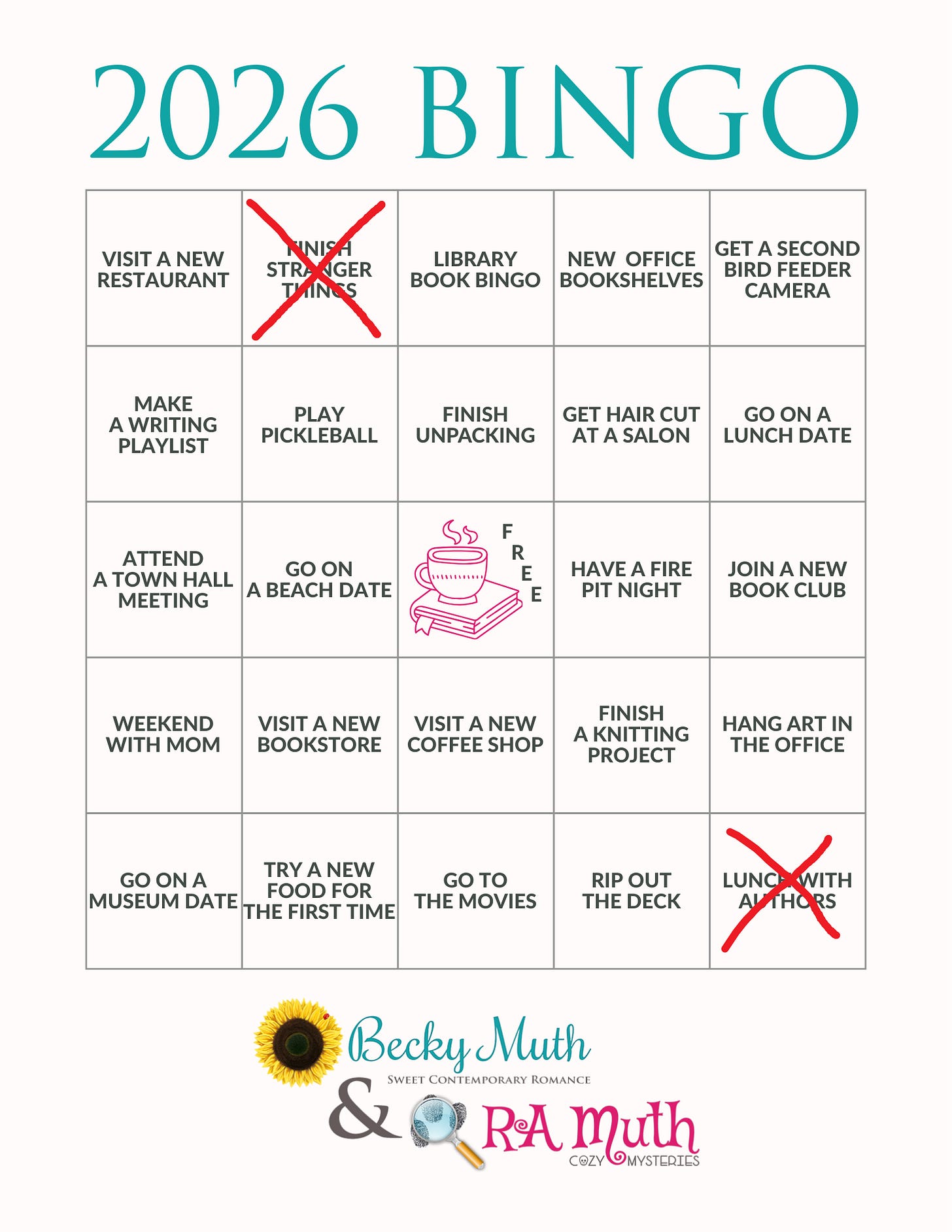 Becky Muth's 2026 bingo card