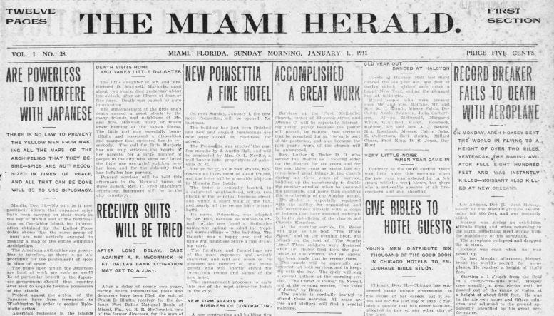 Figure 3: Front page of the first issue of the Miami Herald on January 1, 1911. Courtesy of Miami Herald. Figure 3: Front page of the first issue of the Miami Herald on January 1, 1911. Courtesy of Miami Herald.
