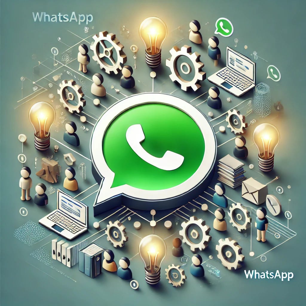 A modern and eye-catching image of a WhatsApp logo surrounded by tech-related icons, like lightbulbs, gears, and laptops, representing a group of people connected by technology. The WhatsApp logo should be prominent, and the overall design should evoke feelings of excitement, innovation, and community, perfect for a newsletter announcement inviting people to join a WhatsApp group for exclusive content, prompts, and networking.