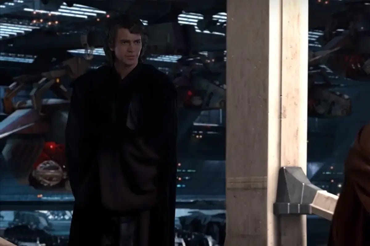 Anakin Skywalker, in his darker robes and standing in the shadow, bids Obi-Wan Kenobi farewell in 'Revenge of the Sith.' Anakin Skywalker, in his darker robes and standing in the shadow, bids Obi-Wan Kenobi farewell in 'Revenge of the Sith.'