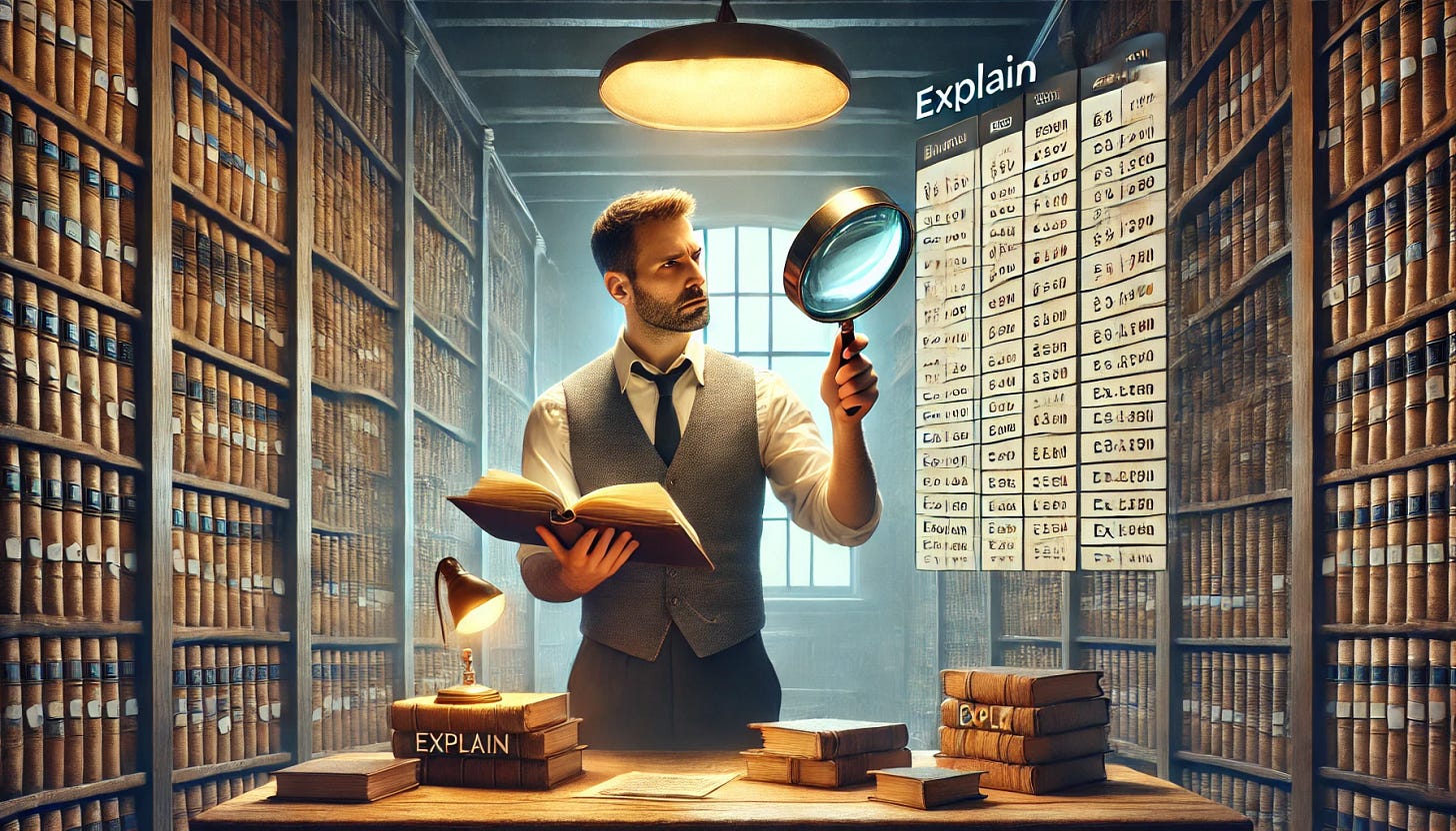 Librarian with magnifying glass inspecting records, symbolizing SQLite's EXPLAIN function
