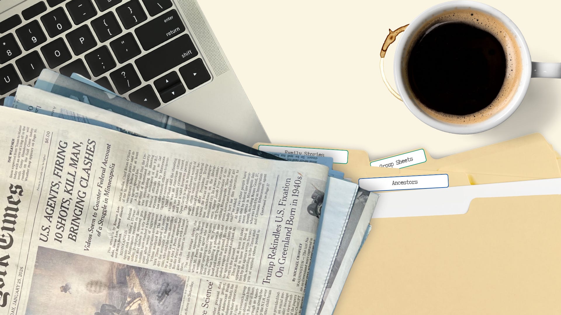 The NYTimes sits on top of a computer and the file folders of a genealogist along with a messy cup of coffee. The NYTimes sits on top of a computer and the file folders of a genealogist along with a messy cup of coffee.