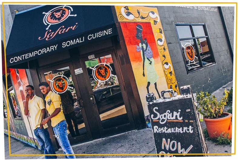 May be an image of 3 people and text that says 'ស Safari SOMALI CUISINE CONTEMPORARY CONTEMPORARY 3010 ඒ Safuri Restaulant NOW'