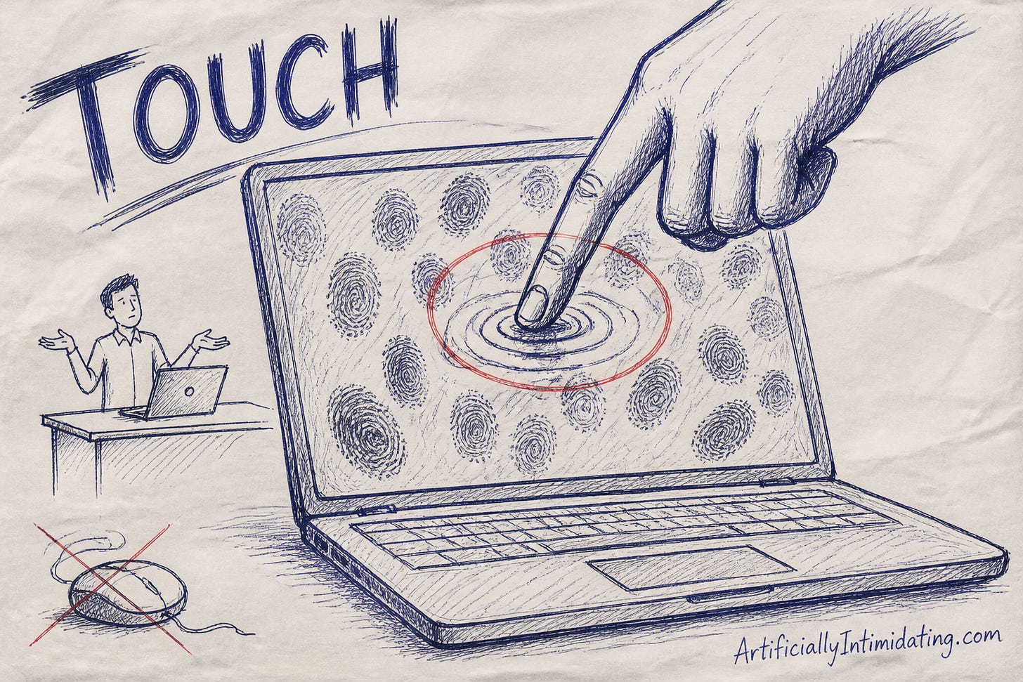 A giant human finger pokes the smudged screen of an enormous laptop, circled in red, beside a crossed-out computer mouse, while a worker with an ordinary laptop shrugs; the word TOUCH is lettered at top.