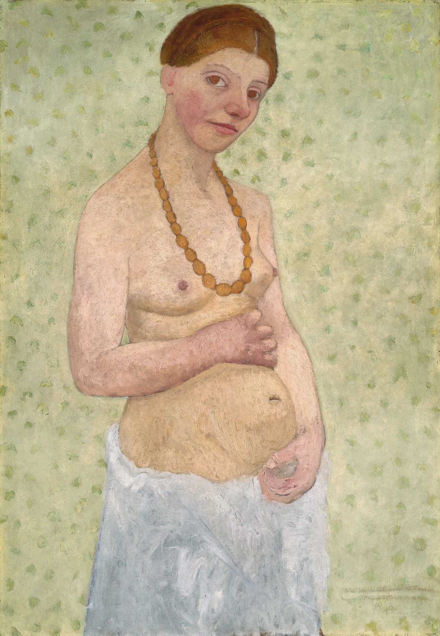 Painting of pregnant, topless woman in a necklace looking at the viewer, white cloth around waist