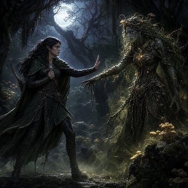 Silverleaf standing in a moonlit Barovian grove, half‑alive and half‑decayed. Mortal Silverleaf: lean elven ranger with chestnut‑black hair catching silver light, moon‑pale skin with faint silver undertones, deep brown luminous eyes, ranger leathers in deep green and muted black, moss‑green cloak clasped with a crystal pendant. Before her stands the Druid of Rot version: gray‑green skin veined with luminous decay, hair tangled with vines and fungal filaments, amber‑gold glowing eyes, bark‑and‑bone armor pulsing with rot. The Druid of Rot extends a hand dripping with sap and shadow as Silverleaf steps forward, rejecting the corrupted vision. Moonlight pierces the canopy, fungal glow fading. Fully original faces.