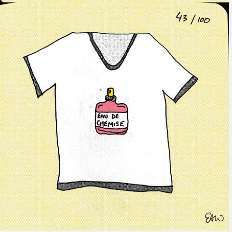 Thumbnail sktches of t-shirt concepts coloured in a limited palette