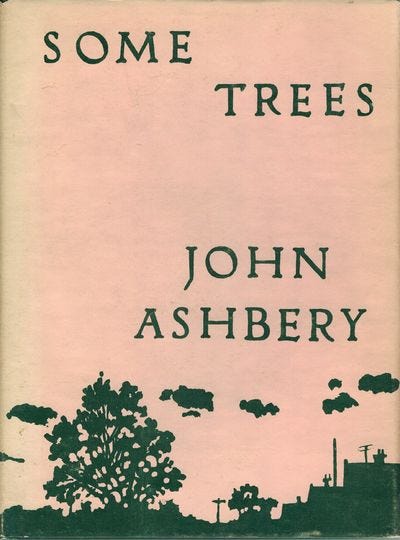 cover of Some Trees by John Ashbery; the title is floating on a tan background; below it silhouette of trees and some ordinary looking houses cover of Some Trees by John Ashbery; the title is floating on a tan background; below it silhouette of trees and some ordinary looking houses