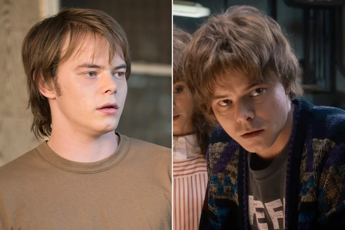 Charlie Heaton in Season 1 of 'Stranger Things' ; Charlie Heaton in Season 5 of 'Stranger Things'.