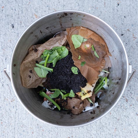 Triptych: Each image is square with a circle metal bucket containing food scraps.