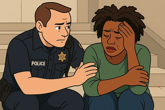 a cartoon of a police officer helping a black woman with a mental health issue