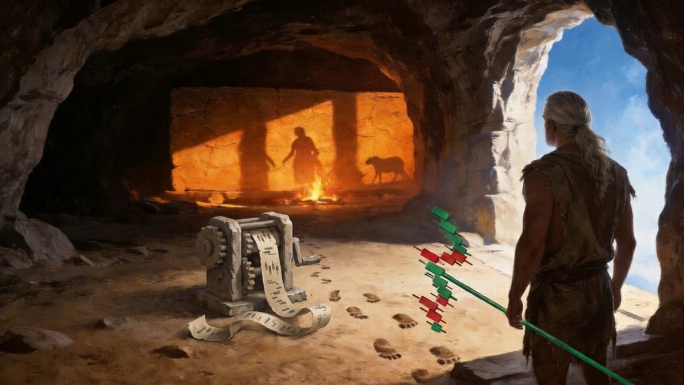 Inside Plato's cave, a back-facing figure with long silver-white hair stands at the cave mouth looking inward toward a stone ticker tape machine. Footprints lead across the sandy floor. Shadows are cast on the back wall by firelight. A candlestick chart staff rests in his hand.