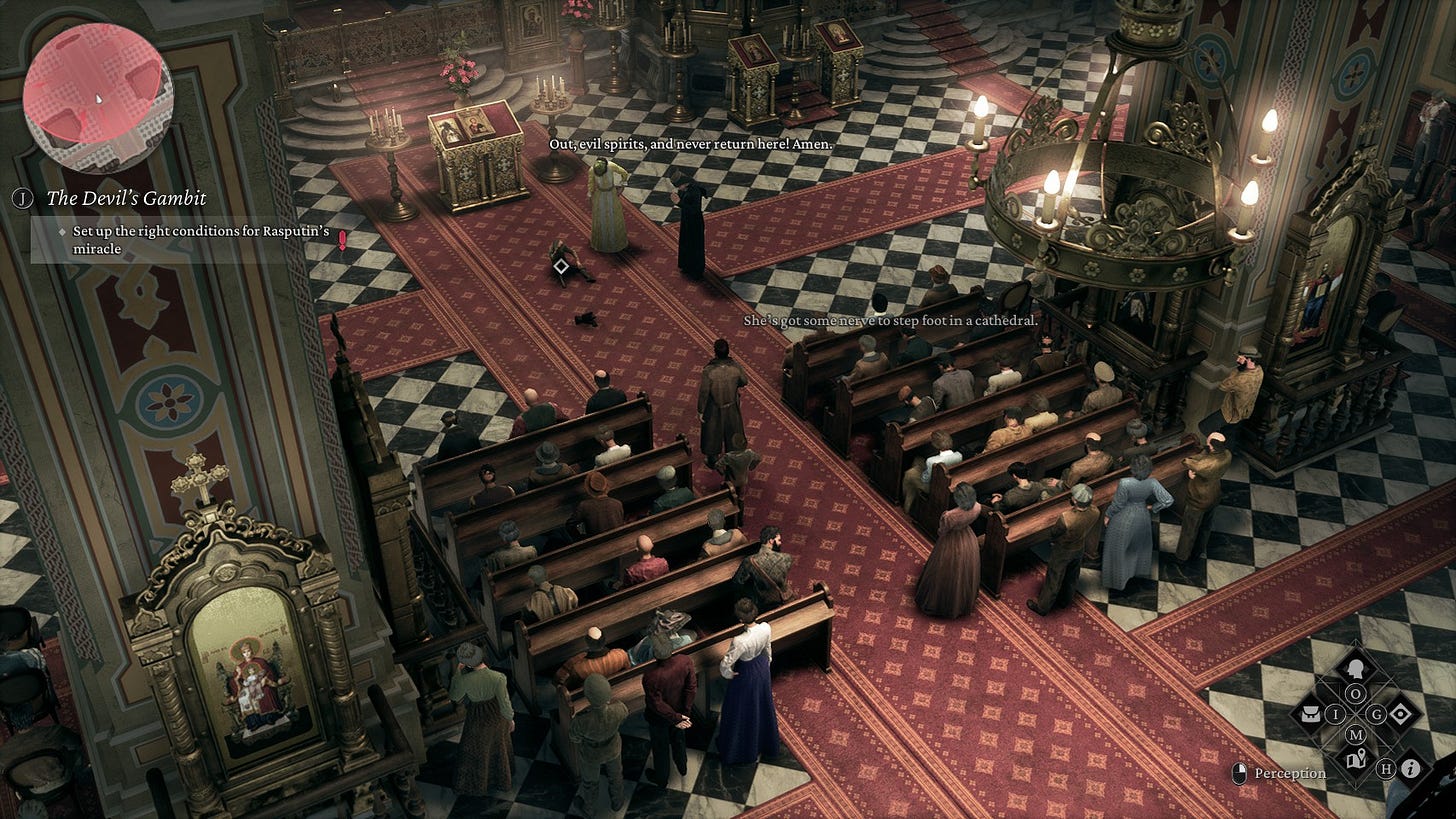 A screenshot of the game The Thaumaturge, showing a Russian Orthodox church in the middle of an exorcism.