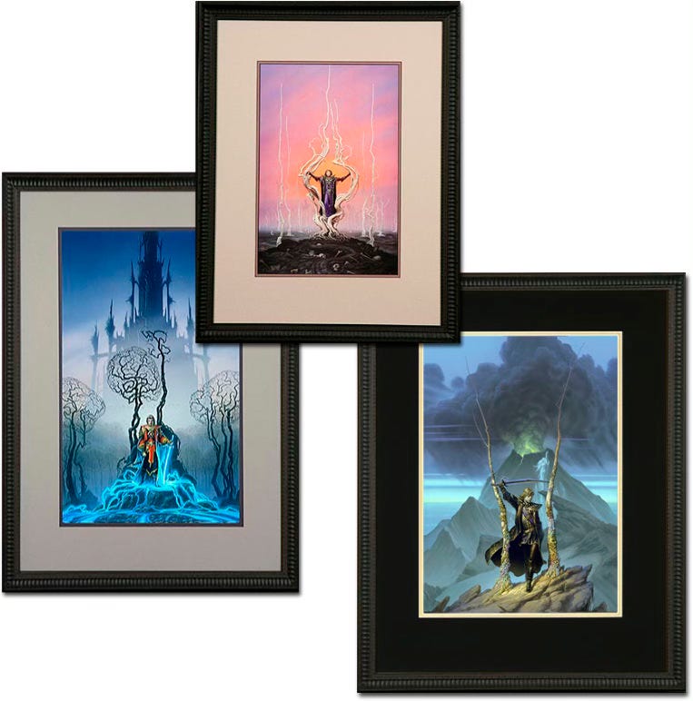 A trio of framed prints in black wood moulding. A trio of framed prints in black wood moulding.