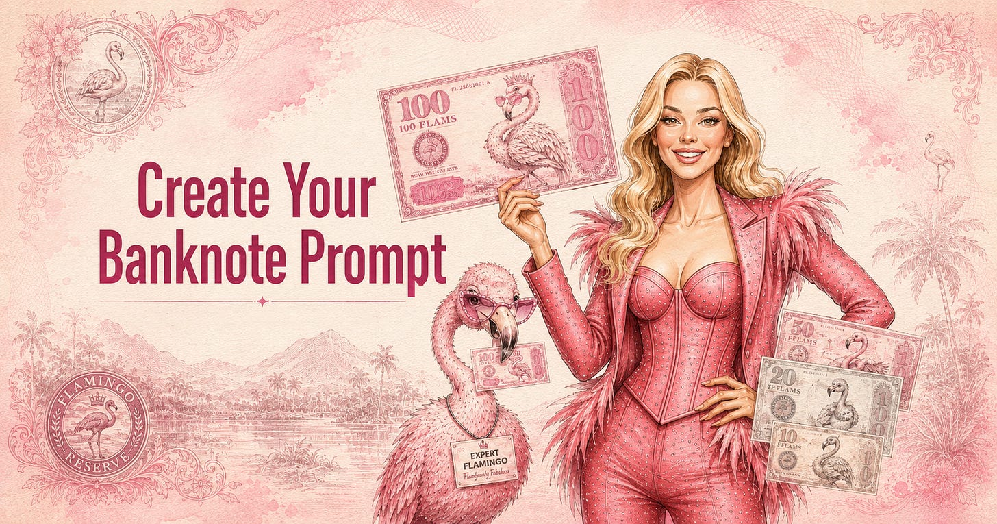 "Illustrated Pinkie holding an oversized pink banknote design, flamingo beside her wearing jewelry and sunglasses, pink watercolor background